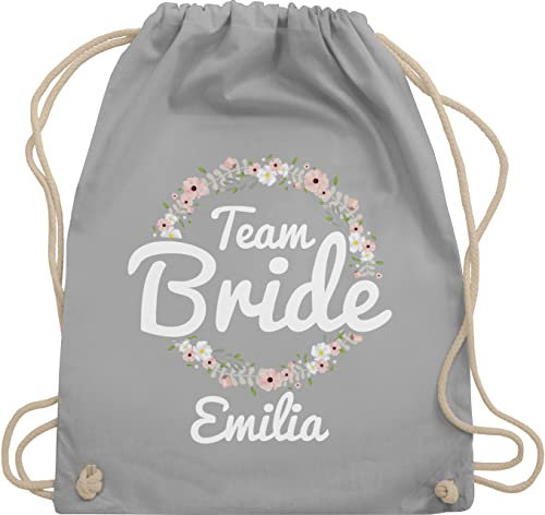 Turnbeutel Rucksack personalisiert - JGA Junggesellenabschied - Team Bride mit Blumenkranz weiss - Unisize - Hellgrau - namen junggesellinnenabschied beutel jungesellenabschied tasche