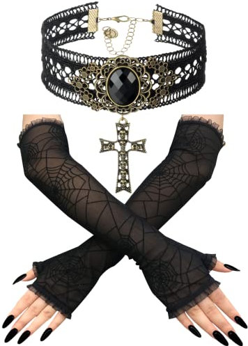 Hylzo Kostüm Accessoires Damen-20Er Jahre Halloween Damen Accessoires-Gothic Choker Halskette+1 Paar Vintage Spitze Handschuhe Schwarz Victorian Steampunk Retro für Karnevalszubehör Geschenk