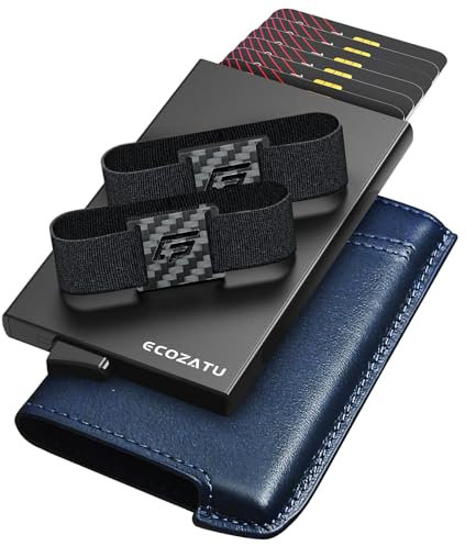 ECOZATU Schlanker Aluminium-Kartenhalter, minimalistische Metallgeldbörse mit RFID-Blockierung, Pop-Up-Brieftasche für 14+ Karten und 2 Geldbänder, Napa Blue, Minimalistisch