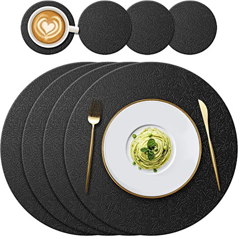 YUNJUER Round Silicone Placemats (34cm) and Coasters (10cm) Set of 4, Heat-Resistant 450 °F, Non Slip Washable Place Mats for Home, Hotel, Kitchen, Indoor, Outdoor Glass Dining Table, (Black)