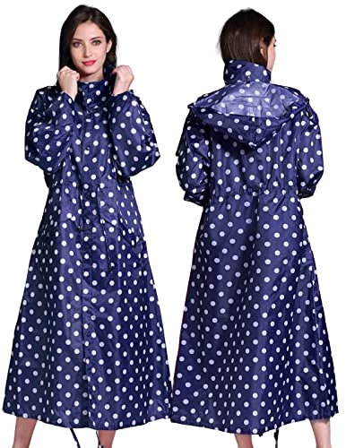 SOPPY Manteau de pluie pour femme, long manteau imperméable, coupe-vent, poncho léger à séchage rapide, veste de pluie à capuche pour femme, taille unique, Pois bleus, L