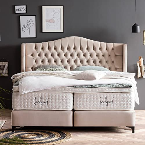 Boxspringbett Maison 180x200 Velours, ohne Visco-Topper, Hotelbett, ohne Bettkasten, 7 Zonen Taschenfederkern-Matratzen, Aufbau KOSTENLOS (Creme, 180x200 cm ohne Topper)