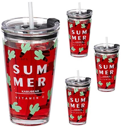 Relaxdays Trinkgläser 4er Set, Kaktus-Motiv, Deckel & Strohhalm, 450 ml Skala, Glasbecher Kinder, Saftglas, transparent