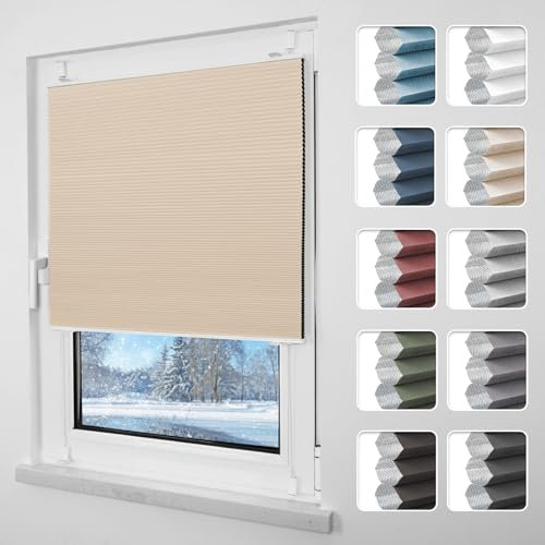 Grandekor Plissee ohne Bohren Verdunkelung 90x130cm weiß-beige, Wabenplissee ohne Bohren Thermo Doppelplissee Klemmfix 100% Verdunkelnd Sicht- & Sonnenschutz Plissee Rollos für Fenster & Tür