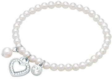 Lulu & Jane Damen Armband Metall-Legierung | Silber-Optik, Perlenarmband, Crystal, weiß, Muschelkernperle, ca. 4,0/6,0 mm, weiß, rund, Herz, flexibel, ohne Verschluss