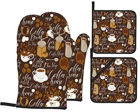 DONMYER Tee Kaffee Ofenhandschuhe und Topflappen Sets von 4 Vintage Kaffee Ofenhandschuhe Set Kaffee Küche Handschuhe Hitzebeständig Topflappen für Küche Backen Grillen
