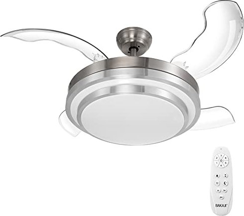 BAKAJI Ventilatore Lampadario da Soffitto 4 Pale richiudibili a scomparsa in ABS, Diametro 106 cm, Lampada LED Plafoniera Acciaio 36W, 3 Velocità Selezionabili, con Timer,Cambio Colore e Telecomando