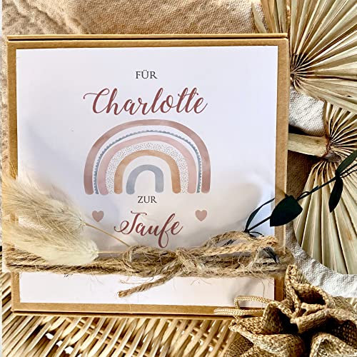 Manufaktur Liebevoll - Personalisierte Geschenkschachtel zur Taufe f. Mädchen, Geschenkbox Regenbogen m. Deckel, Trockenblumen u. Jutesack für Geld, Geldgeschenk, Taufgeschenk
