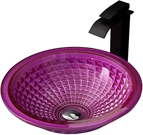 Waschbecken aus Aufsatzbecken Waschtisch Runde Handwaschbecken Waschplatz 12MM Dicke Aufsatzwaschbecken Waschschale mit Wasserfall-Wasserhahn, Pop Up Ablaufgarnitur,Champagne (Color : Pink Rosa)