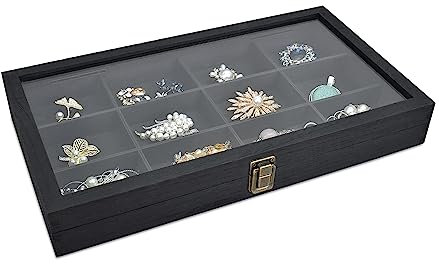 Ikee Design Elegante Schmuck-Aufbewahrungsbox aus Holz mit Glasdeckel, 12 Fächer, ideal für Ringe, Armbänder, Edelsteine und kleine Accessoires, rustikaler Metallverschluss, Schwarz