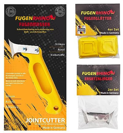Fugenrhino® Silikonentferner Set für einfache und professionelle Silikonentfernung und -erneuerung von Acryl- & Silikonfugen - Enthält Fugenmesser, Fugenglätter, Ersatzklingen (9-Teilig)