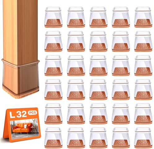 32 Pcs Square Chair Leg Floor Protectors for Hardwood Floors Clear Silicone Covers to Protect Wood Tile Floors Felt Pads Furniture Leg Caps(Fit 26-40mm)