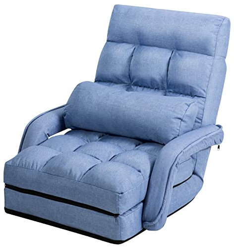 Multigot Folding Lazy Sofa Bed, 5 Positions Adjustable Floor Armchair with Armrests and Pillow, Convertible Padded Sleeper Chair for Living Room Bedroom (Blue)