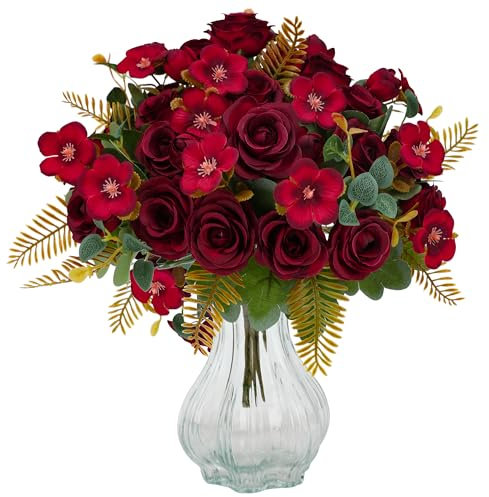 Floweroyal 4 Ramos de Rosas Artificiales, Flores de Color Burdeos, Ramos de Rosas Falsas para centros de Mesa de Boda, Fiesta, arreglos Florales, decoración del hogar y la Cocina