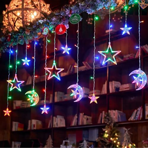 HMYCL Curtain Lights Ramadan Window Lights Decorations Indoor, 138 LED Star Moon Fairy Lights, 3.5m Fairy String Lights for Festival Bedroom Garden Party Decorations, USB+Battery Operated-Colored