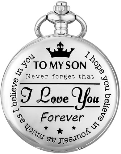 Gravierte Taschenuhr to My Son I Love You, Quarz-Taschenuhr mit Kette, Geburtstagsabschluss, Sohn von Papa Mama, Anhänger Halskette Fob Uhren, Geschenkbox und Karte, Silber