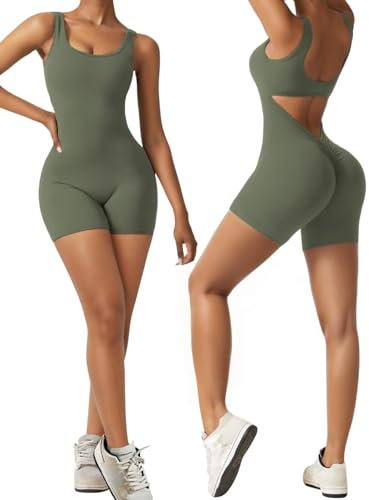 Vertvie Damen Jumpsuit Kurz Eng Scrunch Butt Bodysuit Sexy Rückenfrei Ärmellose Playsuit Stretch Sport Overall One Piece Ganzkörperanzug Romper Yoga Fitness Workout (Olive Grün,M)