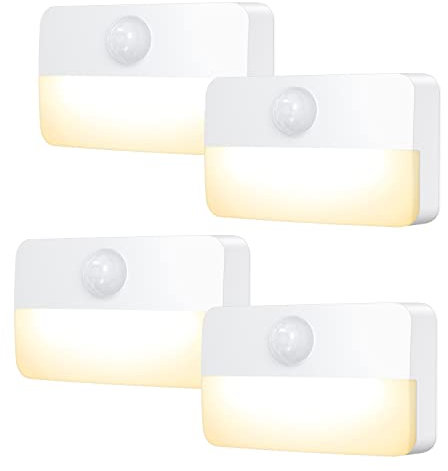 Ankilo Nueva Mini Luz con Sensor de Movimiento, Luz de Noche LED Inalámbrica con Batería, Luz de Pared, Luces de Armario, Luces Seguras para Escaleras, Pasillo, Baño (Pack de 4 - Blanco Cálido)