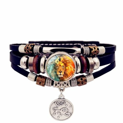 UOMSKTY Leo 12 Zodiac Signs Constellation Luminous Bracelet - Mens Womens Punk Multi-Layer Beaded Leather Bracelet,Stylish Vintage Black Leather Bracelet For Women Men,20Cm