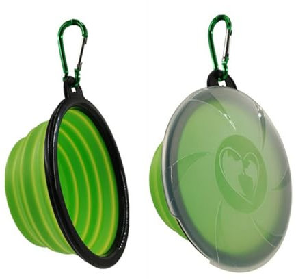 Collapsible Dog Bowls with Cover Lids, Silicone Dog Cat Water Bowl Travel Water Food Bowls Portable Foldable Collapse Dishes with Carabiner Clip for Hiking,Traveling,Walking etc (Green Black, Small)