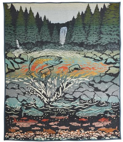 Pendleton Jacquard Napped Throw Blanket 64 x 80 - Wool Cotton, Reversible, Lightweight, Soft, Wool Felt Binding, Packable Blanket for Home and Travel - Salmon Falls