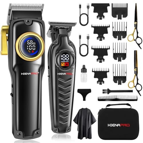 HIENA PRO Profi Barber Haarschneidemaschine Set für Herren, Kabellos Elektrisch Haarschneider Kit, USB Wiederaufladbare Friseur Haarschneide Maschine Set mit LED-Anzeige