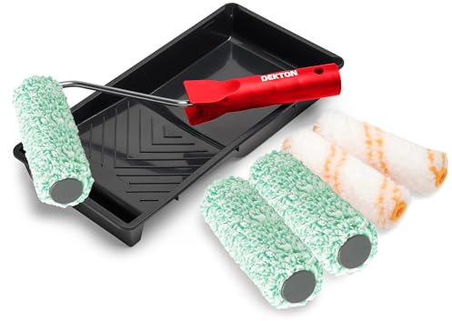 Dekton Trade 4 Emulsion Set 7pc Trade-Woven Roller| Ideal For Paints On Walls & Ceiling| Medium Pile Woven Fabric Sleeves| Durable Finish, Seamless Repairs On Nicks| 3 Pile & 2 Standard Sleeves, Tray