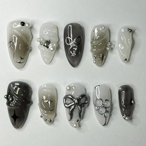 GlamRays 24 Stück Black Press on Nails Medium Almond Fake Nails mit 3D Metall Schleife Perlen Design, Schwarzer Gradient, Vollständiger Überzug, Falsche Nägel, Wassertropfen