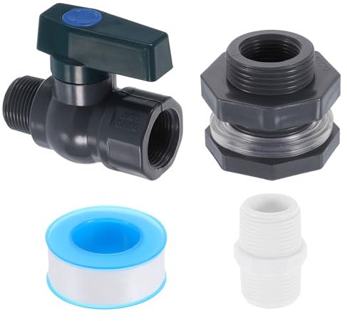 sourcing map 1 juego de grifo de barril de lluvia, espiga de barril de lluvia de plástico con accesorio de mamparo GHT de 3/4 pulgadas, adaptador de manguera de jardín y cinta de sellado de rosca para