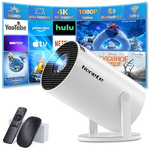 Vidéoprojecteur 1080P FHD Mini Projecteur Video 4K avec WiFi 6 BT5.2 Android TV, Portable Projecteur Supporté pour Trapèze Correction 180° Rotation HDMI/USB/PS5, App intégrée avec HDMI et Souris, Blan