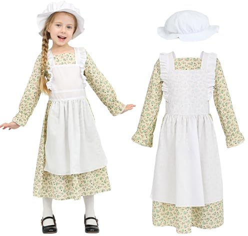Wizland Victorianisches Dienstmädchenkostüm für Mädchen,mit Kleid & Hut, ländlich-vintage Schauspielerkostüm für Kinder im Alter von 4-12 Jahren
