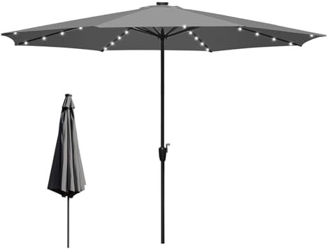 Eulenke Sonnenschirm mit LED solar Ø 350 cm gartenschirm UV-Schutz Polyester Wasserabweisend und schmutzabweisend Groß Marktschirm für Garten, Balkon und Terrasse, ohne Ständer, Anthrazit