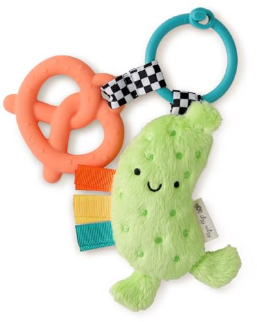 Itzy Ritzy Infant Toy & Teether - Itzy Pal Baby Teething Toy Includes Lovey, Crinkle Sound, Textured Ribbons & Silicone Teether for Newborn (Pickle)
