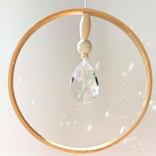 Handgemachter Sonnenfänger Kristall 50 mm – Fensterdeko Holzperlen und Holzring