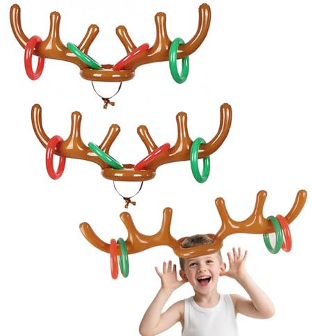 TUONYIS 10 Stücke Ringwurfspiel Aufblasbare, Aufblasbarer Rentier-Geweihhut mit Ringen, 2 aufblasbares Geweih, 8 Ring-Rentier-Ringwurf, Familien-Weihnachtsparty-Spiele, für Sommer Hawaii Party (Braun)