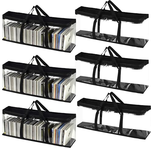 WENLISELL Confezione da 6 sacchetti per DVD per contenere fino a 240 DVD, 40 per sacchetto, custodia portatile per DVD con cerniera, custodia trasparente con manici