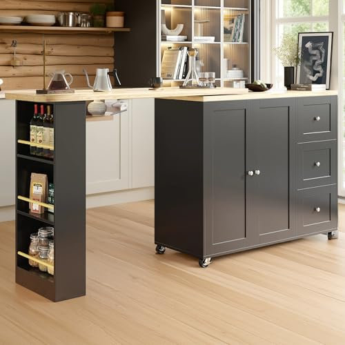 Isla de Cocina Giratoria 360° con Ruedas - Carrito Multifuncional Negro, 3 Cajones + Soporte para Refrigerios, Almacenamiento Apto para Cocina/Sala