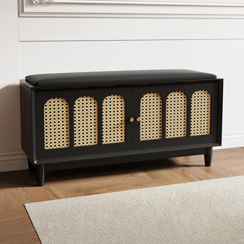 POWRZZZY Shoe Bench with Cushion Entryway Rattan Shoe Bench End of Bed Storage Bench High Heel Storage for Hallway Living Room Bedroom(Black,120x36x50cm)