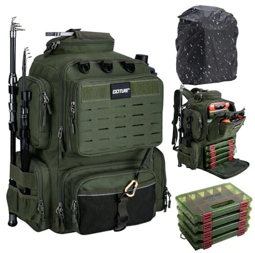 Goture Angelrucksack 45L mit 4 Köderboxen, Zwei Rutenhaltern, Regenschutz | 900D Oxford-Gewebe, wasserabweisend, mit verstellbarem Fach – ideal für Angeln, Camping und Outdoor-Aktivitäten