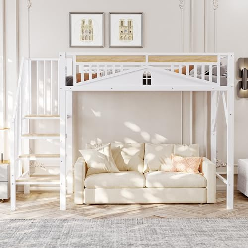 Metall Hochbett mit Rausfallschutz Fenster Leiter Einzelbett genügend Platz unter dem Bett Familienbett für Erwachsene Jugendliche Gästebett Ohne Matratze weiß 90x200 cm