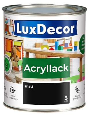 LuxDecor Acryllack 750ml Matt (03) Absolut schwarz Holzlack Buntlack | Spielzeuge Metall Möbel Fenster Sicher Kindermöbel Spielzeuge