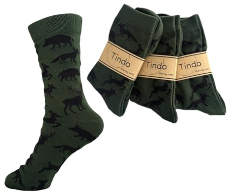 Tindo Jagdsocken 3er Set Herren Damen – jagdliche Socken mit Wildtier-Motiven – warm, bequem & robust – Elch, Fuchs, Wildschwein, Reh – Geschenk für Jäger & Naturfreunde