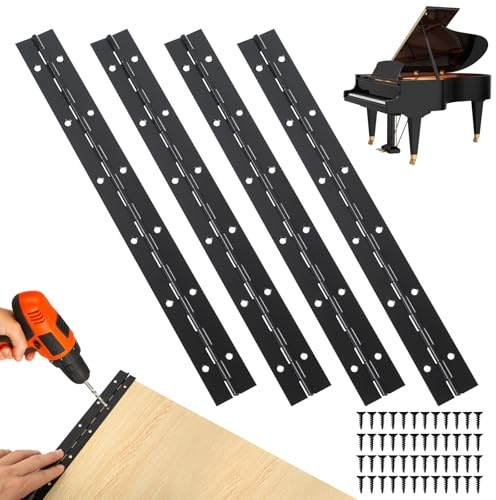 4 Pcs Bisagra Piano, 30 cm Bisagra Puerta de Madera con Orificios, Bisagras de Acero Inoxidable para puertas, pianos y ventanas, con tornillos (negro)