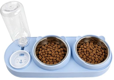 Gamelle Chat Surélevée 15° Double Bol avec Distributeur Eau Automatique 500ml - Set Gamelles pour Chats et Petits Chiens Antidérapant Anti-Vomissement - Protection Cervicale (Bleu)