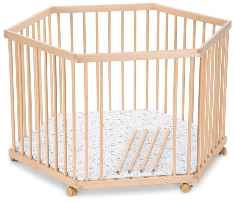 FabiMax Baby Laufgitter 6-eck, stufenlos höhenverstellbar, mit Schlupfsprossen, Laufstall aus massivem Buchenholz, klar lackiert (Ohne)
