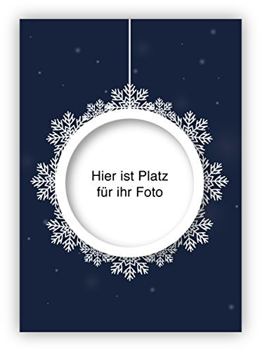 4 Schneekugel Weihnachtskarten mit ihrem Foto im Weihnachts Anhänger mit ihrem eigenen Innen-Text - ohne unser Logo a.d. Rückseite • Klappkarten als liebevoller Weihnachts Gruss