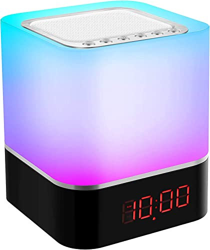 Raheoy Altavoz Bluetooth Despertador 5 en 1 con luz, LED táctil Regulable, lámpara de Noche Digital, Reproductor MP3, con Tarjeta SD, USB