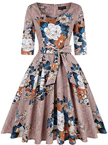 MINTLIMIT Women's 1950s Sweetheart Vintage Dresses Audrey Hepburn Style Party Dresses,3/4 Sleeve - Light Brown,Medium