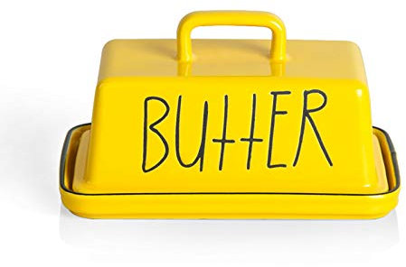 Sweejar Keramik-Butterdose mit Griffdeckel, 18 cm, Porzellan, großer Butterbehälter mit Deckel, perfekt für Ost-/West-Butter (gelb)