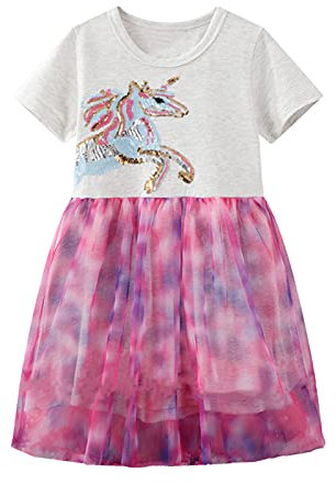 JinBei Robes pour Fille Licorne Paillettes Tulle Enfant Coton Casual Manches Courte Gris T-Shirt Robe Ete Animal Cheval Motif Robes pour Filles 3-4 Ans, Rose Mauve